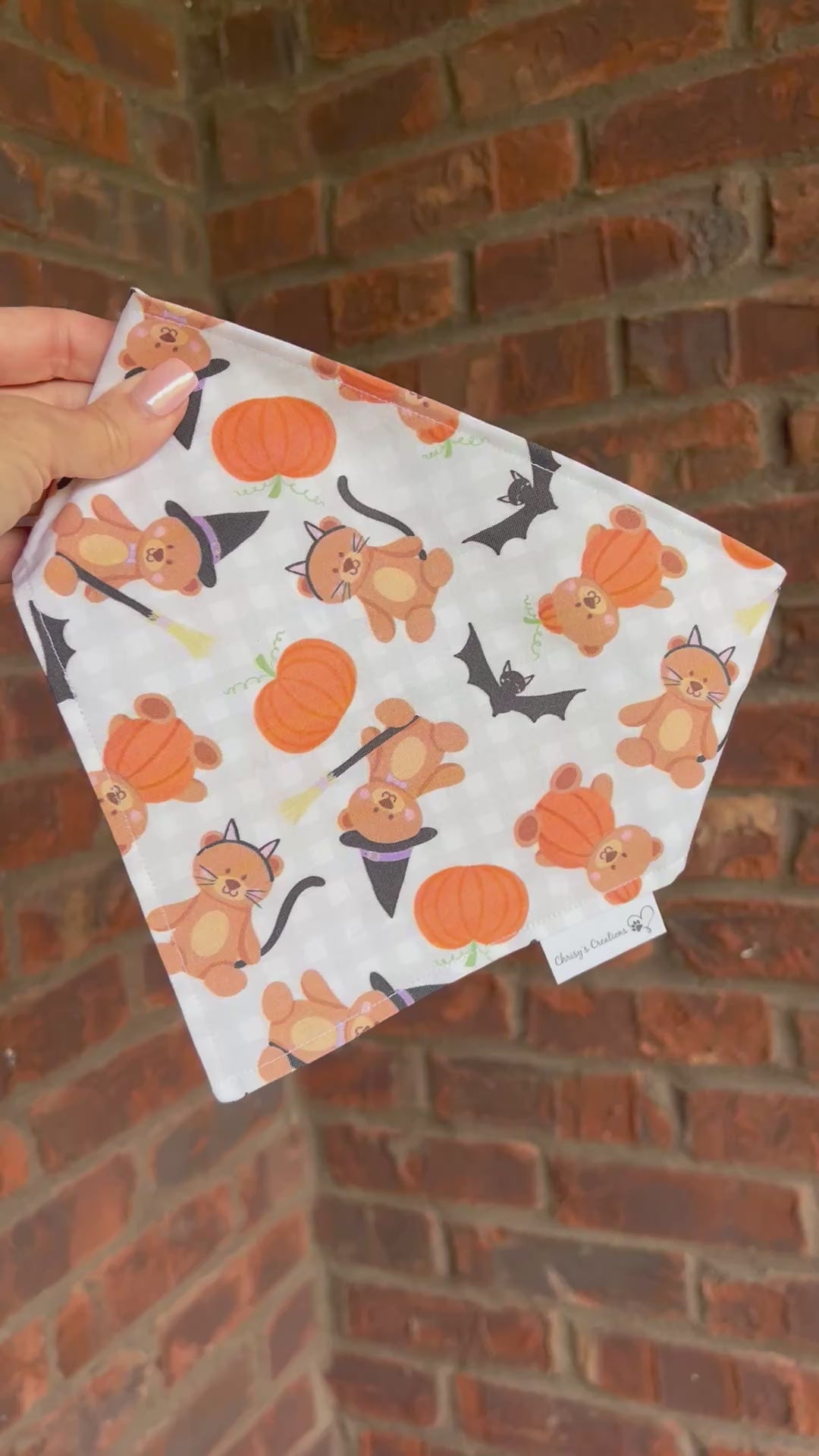 Halloween Teddy Bears Dog Bandana: Scrunchie, pumpkins, bats, spooky, gingham