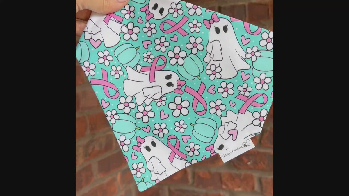 Halloween We Wear Pink Ribbons Ghosts Dog Bandana: Scrunchie, Teal, Cancer Awareness