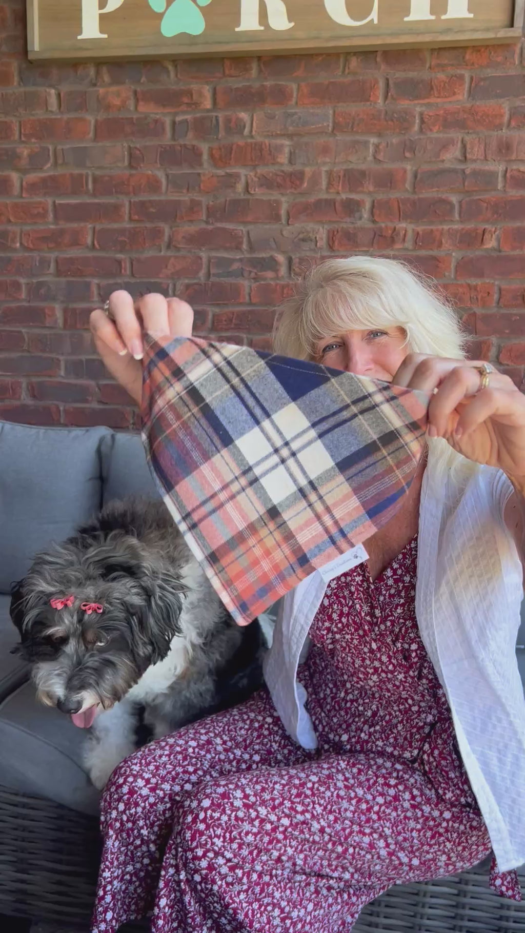 Personalized Plaid Dog Bandana or Bow Tie: Scrunchie, Embroidered Flannel, Navy, Tan