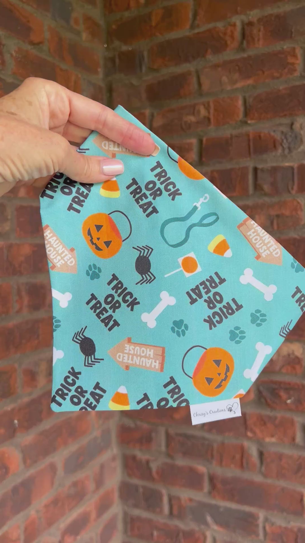 Halloween Trick or Treat Dog Bandana: Scrunchie, Teal, pumpkins, spiders, bones