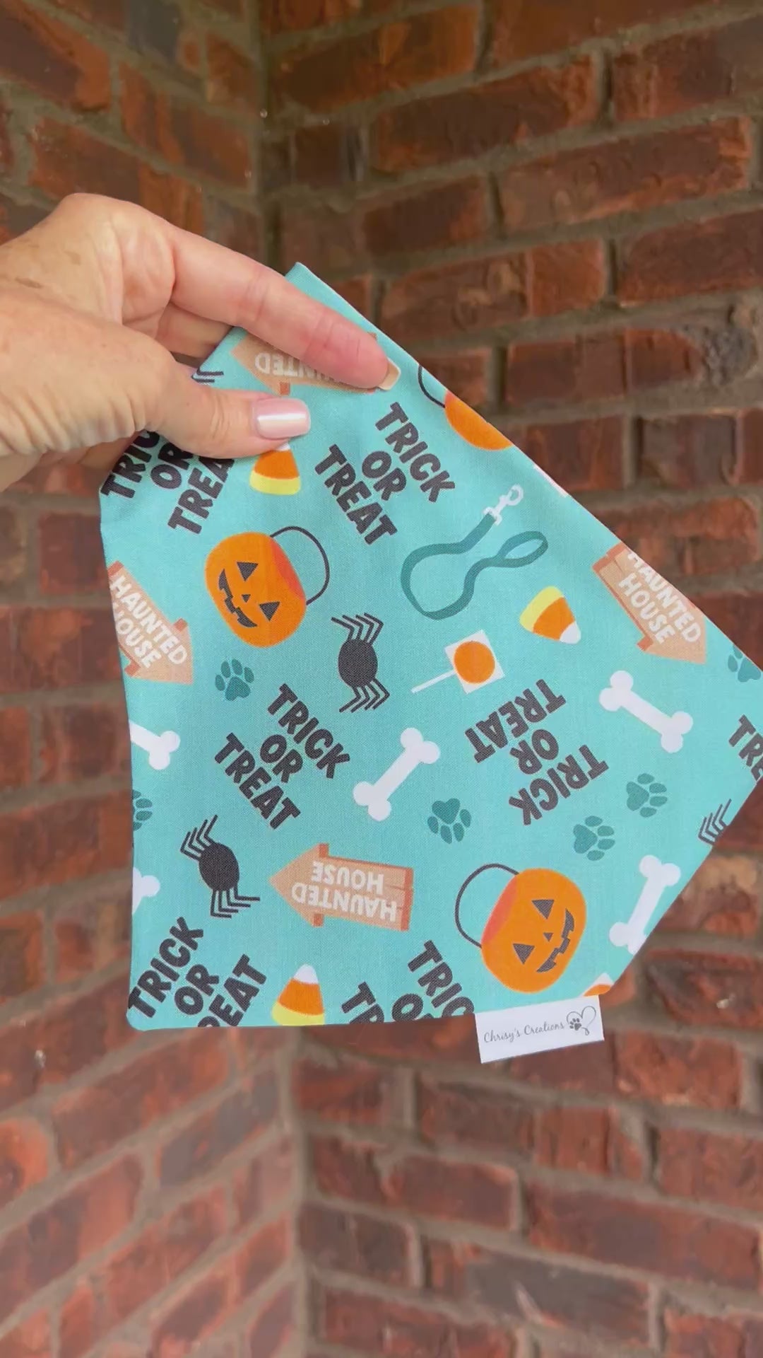 Halloween Trick or Treat Dog Bandana: Scrunchie, Teal, pumpkins, spiders, bones