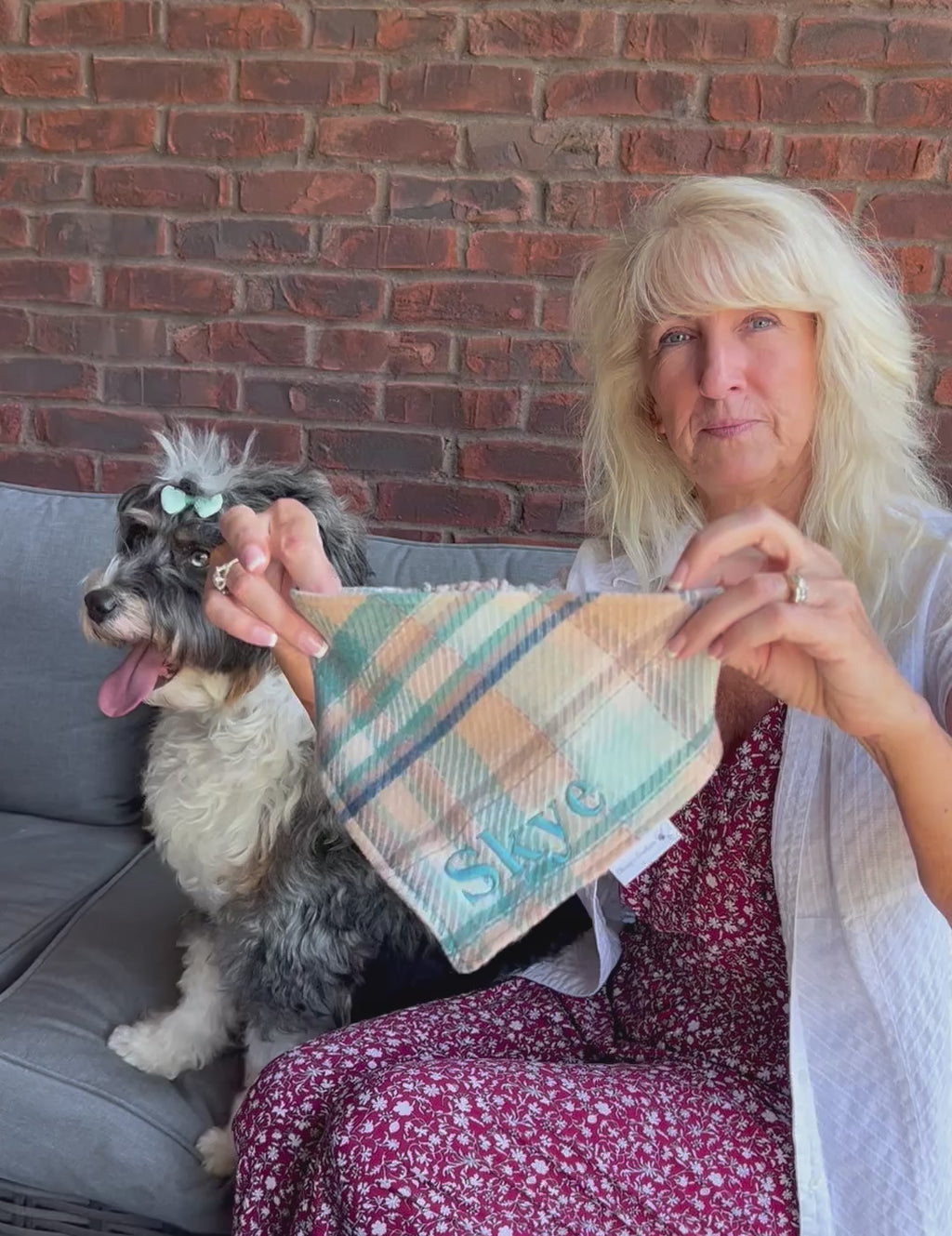 Personalized Plaid Dog Bandana: Scrunchie, Embroidered, Turquoise Flannel, Autumn