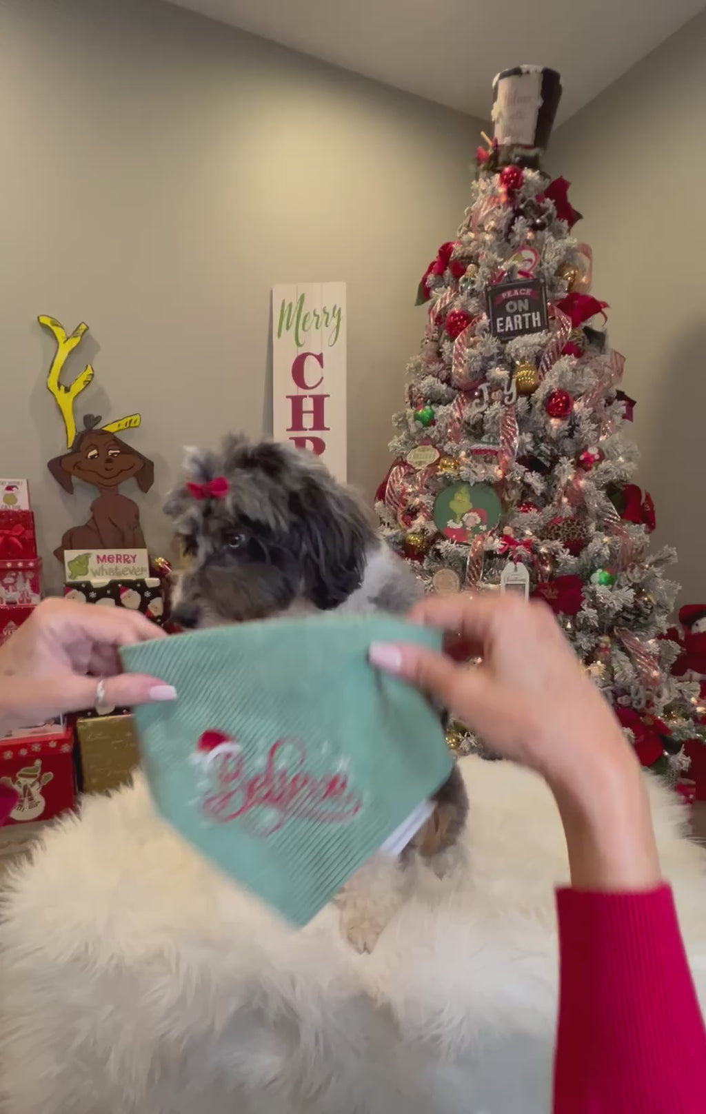 Christmas Believe Bandana: Scrunchie, Corduroy, Embroidery, Christmas, Holiday Santa Hat