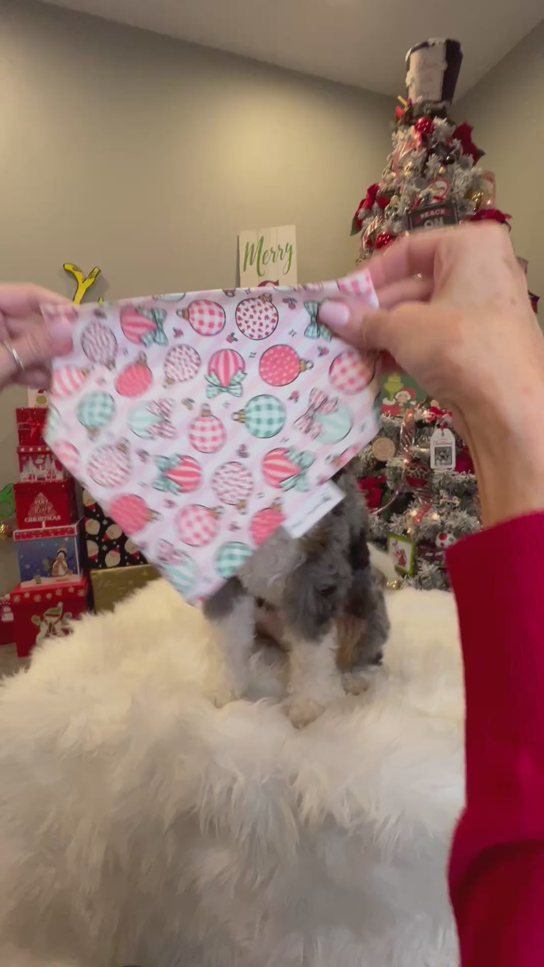 Christmas Ornaments Dog Bandana: Scrunchie - Holiday Pink Bows