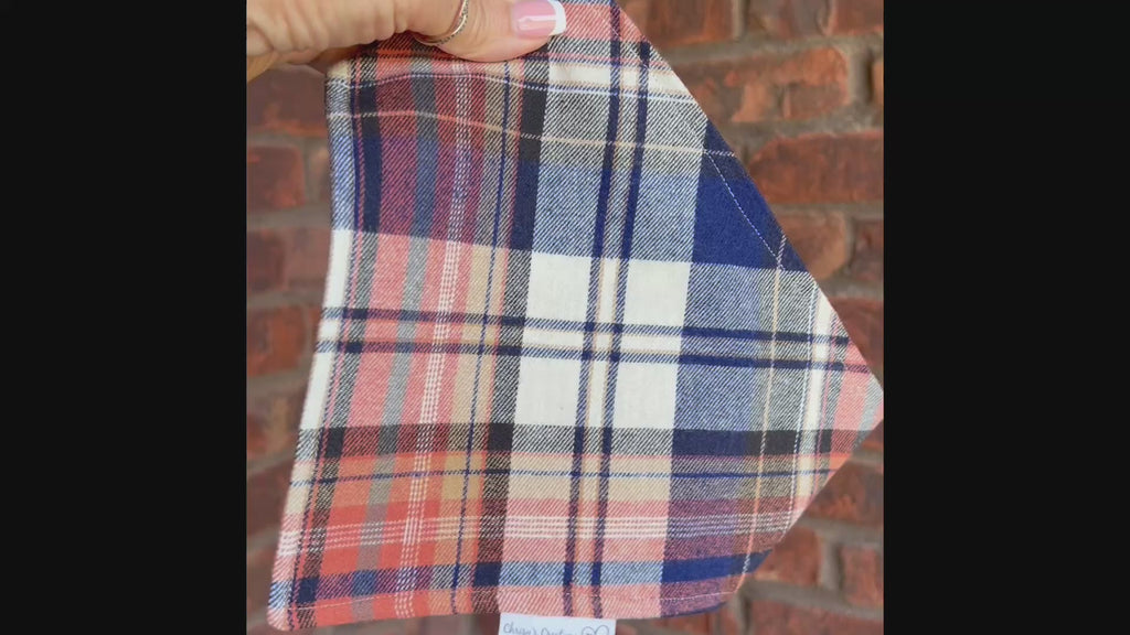 Personalized Plaid Dog Bandana or Bow Tie: Scrunchie, Embroidered Flannel, Navy, Tan
