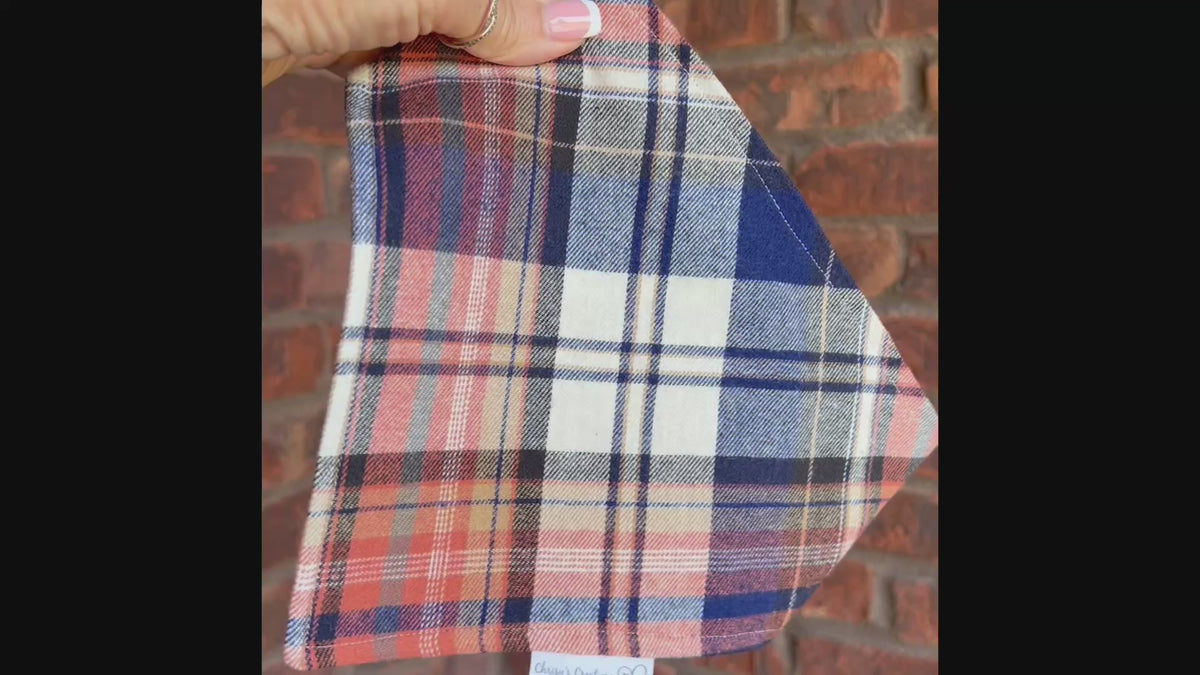 Personalized Plaid Dog Bandana or Bow Tie: Scrunchie, Embroidered Flannel, Navy, Tan