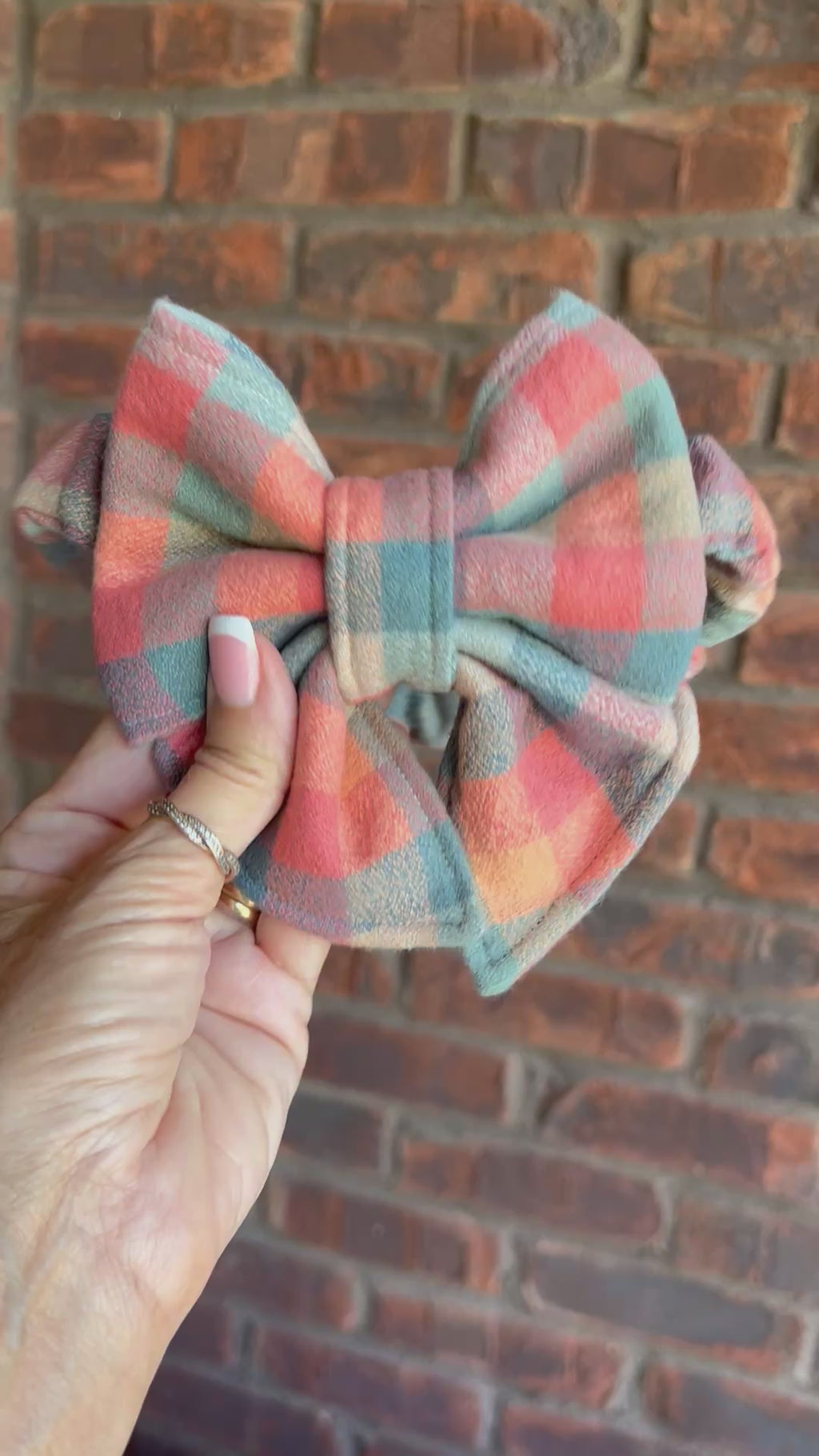 Plaid Peach Teal Scrunchie Dog Sailor Bow: Flannel, Fall, Thanksgiving